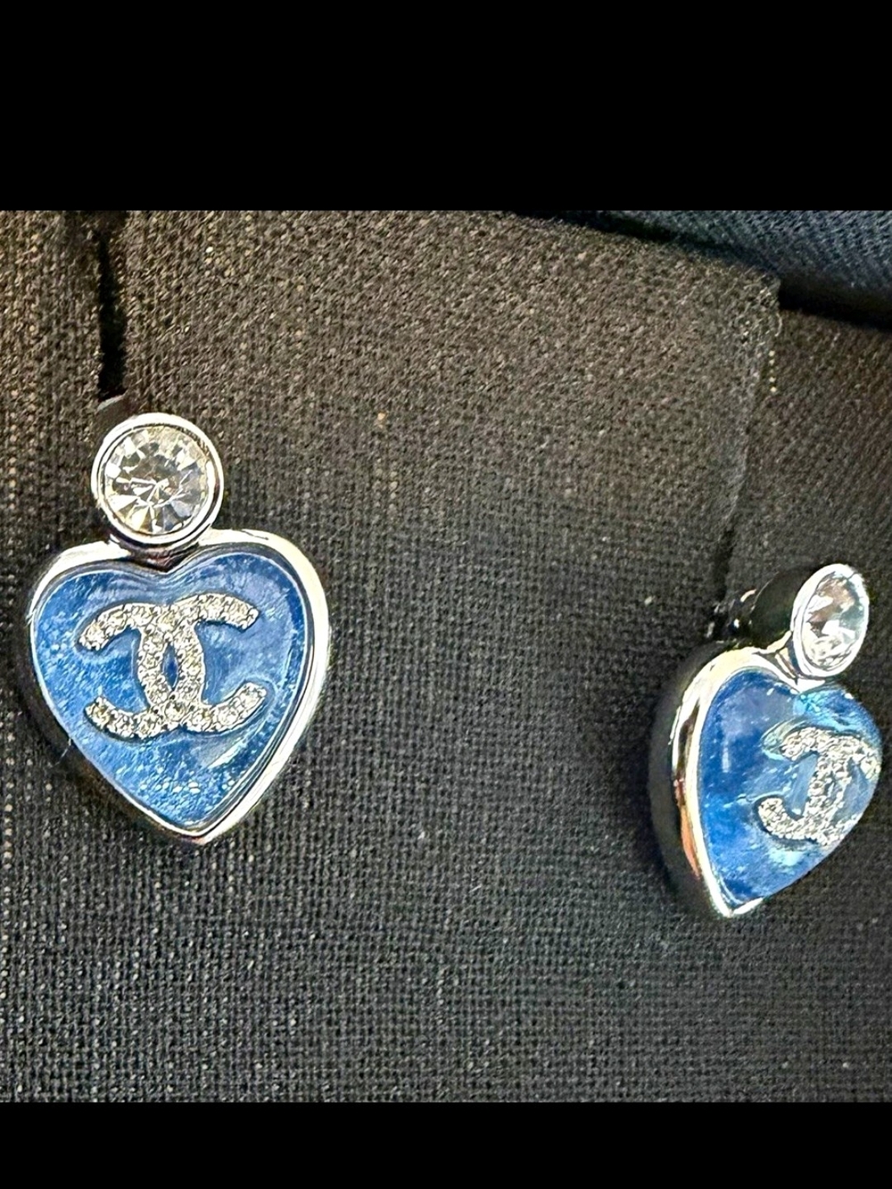 CHANEL Blue Heart CC Crystal Drop Stud Earrings